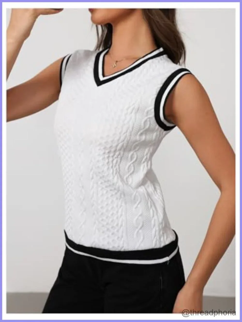 Women's Striped V-Neck Sleeveless Cable Knit Sweater Vest Tank Top